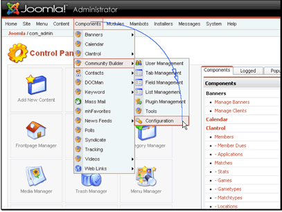 Begin by navigating to Components -> Community Builder -> Configuration.
