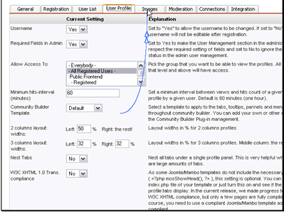 Username allows you to choose if the username should be editable
Required Fields in Admin allows you to choose if the required field settings should be followed in the administrator
Allow Access To allows you to choose what group of users can view profiles
Minimum hits-interval allows you to choose the number of minutes between hits to count as seperate hits
Community Builder Template allows you to choose the template to use for profiles
2 columns layout widths allows you to set the width of the columns in a 2 column layout
3 columns layout widths allows you to set the width of the columns in a 3 column layout
Nest Tabs allows you to choose if tabs should be nested on the profile panel
W3C XHTML 1.0 Trans. compliance allows you to choose if CB should used valid XHTML output
Let's move on to the Images tab
