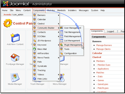 Begin by navigating to Components -> Community Builder -> Plugin Management.