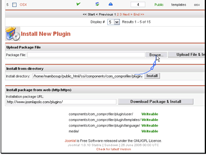 The first thing we will do is install a new plugin. This works just like the normal Joomla installer. Begin by clicking Browse...