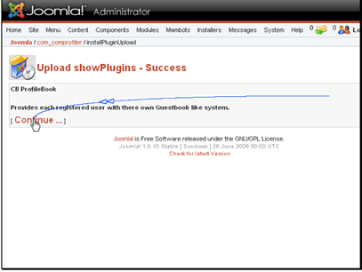 This screen verifies that the plugin was installed. Click Continue to return to the plugin screen.