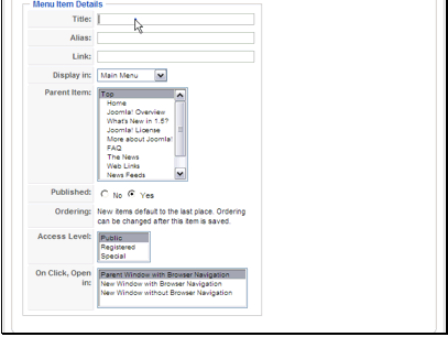 You can also change menu the item will be created in, the parent item, the published settings, the access level and the link target.