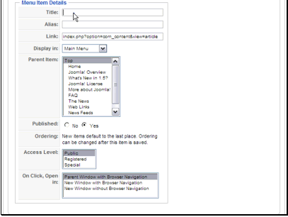 You can change the menu it's displayed in, the parent item, published settings, access level, and target info.