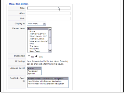 You can also change menu the item will be created in, the parent item, the published settings, the access level and the link target.