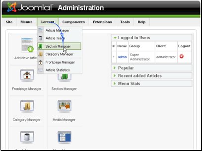 To begin navigate to Content >> Section Manager.