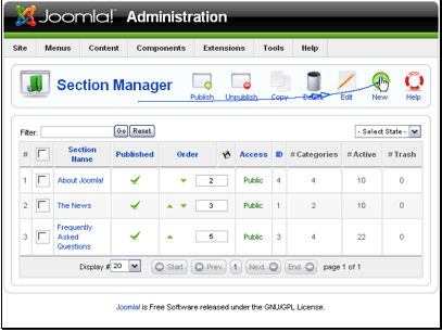 To add a new section click the New button in the toolbar.