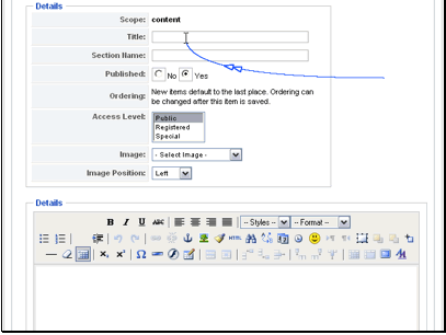 Fill out the fields for Title and Section Name.
If you would like to assign an image from the images/stories folder to appear with this section you can do it here. You can also set the access level for this section.
