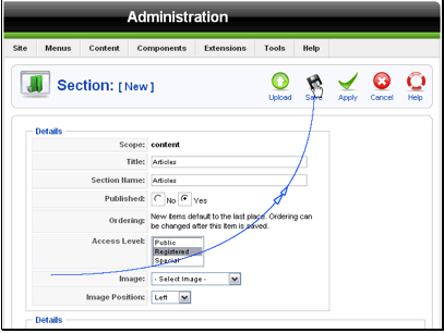 Click the Save button in the toolbar to create our new section.