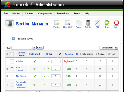 We can now see that our section has been created and it's published. We are now ready to add categories to it.