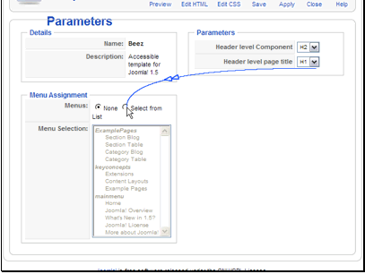 Change the Menus option to Select from List and select the menu item(s) to assign the template to.