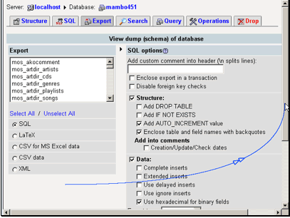 By default, every table will get exported. If you would like to export only selected ones, you may choose from this list.
You can also change the output options for the file, and what types of data you want to save. Don't change these options unless you know what you are doing.
