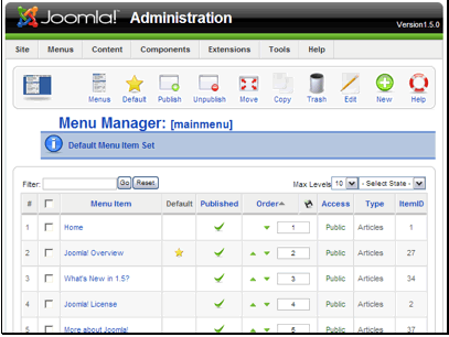 We can see that the default item has changed. Now if we access our site we'll see the Joomla! Overview item as the home page.