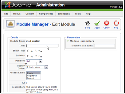 You can set parameters for if the title should be displayed, if the module should be publisehd, the position and ordering, as well as the access level