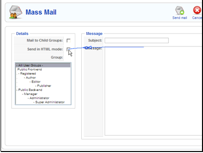 You can choose exactly which group to send to, but if you would like to send to a group and all of it's child groups, check Mail to Child Groups:
If you are going to use HTML content in your mailing check Send in HTML mode:. If you use HTML, there is a higher chance of getting caught in SPAM filters.
