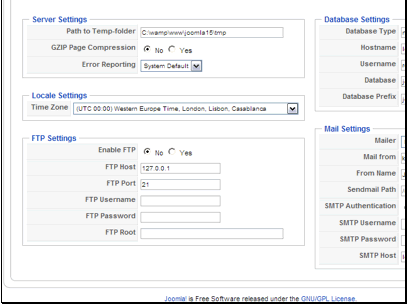 Path to Temp-folder - The temp folder is used to store temporary files that Joomla may need to create. This folder needs to be writable, but does not need to be directly web accessible.
GZIP Page Compression - GZIP can reduce the time it takes pages to download by compressing the output before it's downloaded. At the same time, it can increase the load your site generates by needing to compress data on every page load.
Error Reporting - You can change the amount of error reporting that Joomla does. In production sites, it's highly recommended to have it as low as possible. Crackers can use the information produced by errors to find holes into your site.
FTP Settings - If your host has safe_mode enabled, you can use ftp mode to install new extensions. Enter your FTP login details.
Time Zone - You can change the default timezone for your site.

