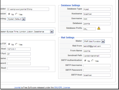 Database Settings - You should not need to change these unless you move your site, but if you do you can change them here.
Mail Settings - Joomla gives you 3 ways to send emails from your system. PHP Mail is the most simple, SMTP is the most secure. If you choose Sendmail, you need to make sure your Sendmail path is correct. If you choose SMTP you will need to enter your SMTP login details.
