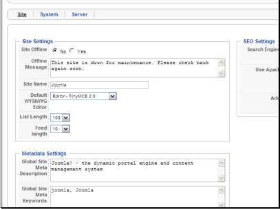 Site Offline - This setting turns your site offline so users can't access your main site. This is useful if you are doing any major maintenance on your site.
Offline Message - If your site is set to offline, this is the message that will be shown.
Default WYSIWYG Editor - This is the default editor that is used whenever an editor area is loaded. This can also be controlled at the user level.
Site Name - This is used in the <title> tag for your site as well as in all communications.
Feed Length - This controls the number of items that are included in RSS feeds.
List Length - This is used to control the number of items you can see at one time when viewing things like article lists. This can also be controlled while viewing the lists.
