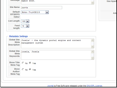 Global Site Meta Description - This is used as the global site description in your meta data. This can be modified at the article level as well.
Global Site Meta Keywords - This is used as the global site keywords in your meta data. This can be modified at the article level as well.
Show Title Meta Tag - This controls showing the <meta name=\