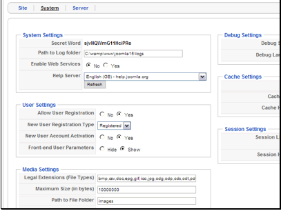 Path to Log Folder - The path to the folder where Joomla logging data is stored
Enable Web Services - This enables RPC communications on your site. Many third party extensions require this to be enabled to work properly.
Help Server - This is the server where your help data is loaded from.
Allow User Registration - All users to sign up on your site
New User Account Activation - You can require new users to activate their account before they login. This is suggested to cut down on fraud/spam on your site
New User Registration Type - You can change the group that new users are automatically added to
Front-end User Parameters - This allows you to control is users can control their parameters from the frontend.
