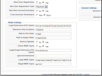 Illegal MIME Types - This controls file MIME types that can't be uploaded. This helps prevent malicious files from being uploaded to your site.
Legal MIME Types - This controls MIME types that can be uploaded. This helps prevent malicious files from being uploaded to your site.
Legal Image Extensions - This allows youto control the extensions that can legally be used for images.
Ignored Extensions - This controls file extensions that are ignored during MIME type and other restriction checks
Check MIME Types - This allows you to control if Joomla should check the MIME types of files uploaded via the media manager
Restrict Uploads - Do you want to restrict your uploads via the media manager. This is highly recommended to prevent malicious files from being uploaded
Path to Image Folder - This lets you set the folder where your images are stored
Path to File Folder - This lets you set the folder where your files are stored
Maximum Size - This allows you to set a maximum size for uploads. PHP also has it's own setting for the maximum size.
Legal Extensions - This allows you to control the extensions of files that can be uploaded via the media manager. This can help from having harmful files uploaded to your site
