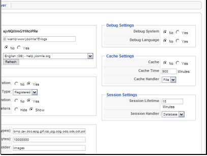 Debug System - This controls whether or not to display system debug messages
Debug Language - This controls whether or not to display language debug messages
Cache - This enables the cache. The cache can help cut down on the number of queries to make to the database.
Cache Time - This allows you to control how long to cache pages. The time is in seconds.
Cache Handler - This allows you to control how the caching files are stored. 
Session Lifetime  - This allows you to control how long sessions last. After this period of time users are logged out.
Session Handler - This allows you to control where session data is stored. 
