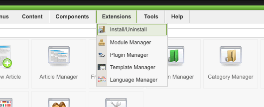 Let's begin by installing a new template. Navigate to Extensions > Install/Uninstall.