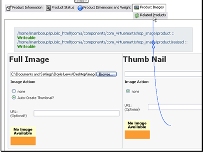 VirtueMart can auto-create a thumbnail for you. Or you can upload one yourself
Let's move on to the Related Products tab