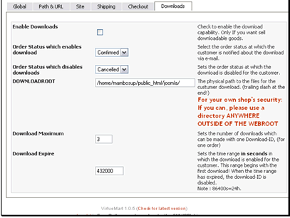 If you sell downloadable goods you will want to enable this feature
You can set the order status at which the user gets notified about their download
Conversely, you can set the status that disables the download ability
If you have downloadable files you will need to set the location you will be uploading the files to
You can set the maximum number of times a file can be downloaded per purchase. This is useful for curbing fraud
You can also set the amount of time (in seconds) that a user has to download the file