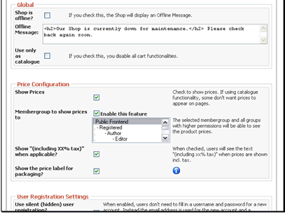 You can turn your shop offline. This works similarly to the main Joomla/Mambo offline switch. You can also set a message to display while the shop is offline
You can turn off the shopping cart features of VirtueMart and just use it as a catalogue
You can also turn off the display of prices. This is often used in conjunction with catalogue mode
You can also set a number of different options for when and how to display the price