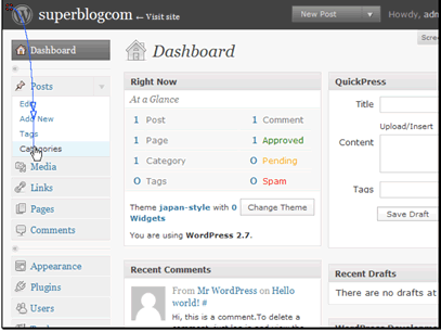 In this tutorial we will be adding a new category to use for posts in WordPress.
Begin by clicking the Categories link.
