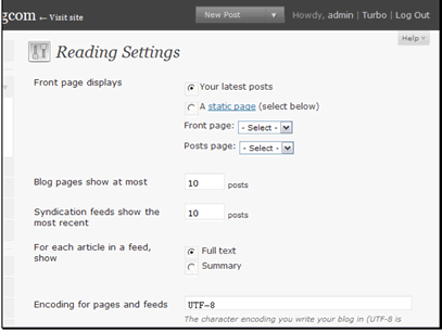 You can choose what's shown on your front page. You can either show plog posts or a static page.
You can choose the number of blog posts to show per page. The larger the number the more stress is put on your system and the slower the pages load.
You can set the number of blog posts to show in your RSS feed.
You can choose to either show the full article or just a summary of the article in your RSS feed. This is just like it sounds, choosing summary will only show a portion of the post.

