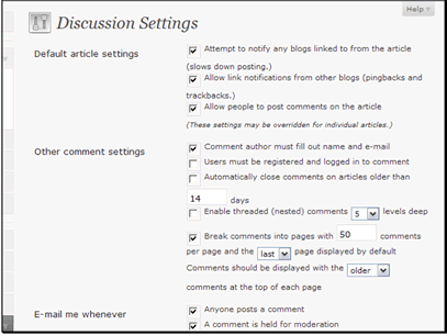 WordPress can try to automatically setup pingbacks and trackbacks for blogs you link from your article. This is is a nice way to get links back to your site, but can will slow down your posting.
You can allow other sites to post pingbacks and trackbacks to your site. This can be a good way to encourage other sites to link to you.
You can set global settings for allowing comments. You can also change this at the individual post level.
You can require users to enter their name and email, or even be logged in, to comment. This can deter some valid commentors, but can also help reduce the amount on comment spam you get.
You can close commenting on older posts. These posts are generally targeted for spam.
You can setup how and how many comments to show.
