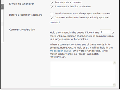 You can set notification preferences.
You can make it so that comments need to be approved either once per author, always or never before showing on the site. To reduce the amount of spam appearing on your site it is generally recommended to approve at least the first comment.
You can set any keywords or IP addresses that will force a comment into a moderation queue. If you get hit with a number of spam comments that use a similar word, but that word could be legitimately used this would be used to force all of those comments to be moderated before showing on the site.
