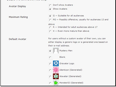 You can choose whether to show avatars in the comments. This can be a good way to personalize the discussion, but will slow down the display of the page.
You can set a maximum rating to allow for avatars that people use.
