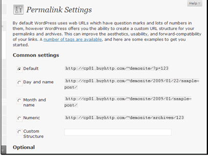 Here you can setup your permalink structure. This is used to setup your URLs however you like. There are a few presets, but WordPress also allows you to fully customize the structure using different tags.
You can view all of the tags at http://codex.wordpress.org/Using_Permalinks
