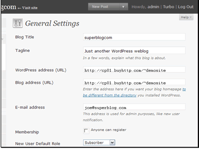 Here you can set the title and tagline for your blog. Most themes show these in the header.
You shouldn't need to change these URL settings unless you've moved your WordPress install. However WordPress does allow you the option of having the WordPress files installed in a different folder than what your users see in the address bar. You can set the address of the WordPress files in the Blog address field.
You can change the address that receives blog notifcations like new user signups, comments, etc.
