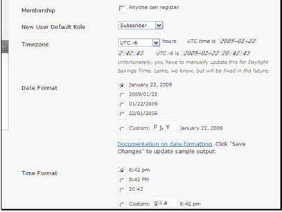 You can allow people to register for your site. If you do not enable this you will need to add new users manually.
You can set the default role for new users.
You can set the timezone used on your blog to help localize it.
You can set the format of the date. There are a number of preset formats, but if you want something custom that is available too. It uses the PHP date formatting. More details can be found at http://www.php.net/date
