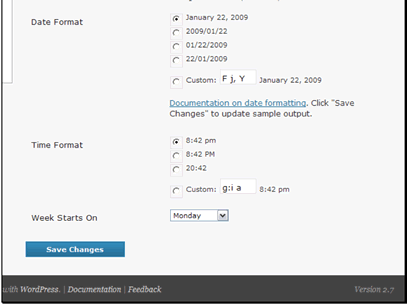 You can set the formatting of the time used on the blog. This follows the PHP date formatting as well.
You can set the day to use for the first day of the week.
