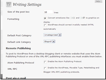 You can set the number of lines to use in the text editor. If you tend to make short posts you can make this smaller, or if you make longer posts you can make it larger.
You can have WordPress automatically convert emoticons to graphics.
The editor in WordPress can clean up invalidly nested XHTML elements. This would change code like <td><p><b>some text</p></b></td> to <td><p><b>some text</b></p></td>.
WordPress allows for remote publishing to the site from desktop/remote clients. If you use one of these you can enable the protocol that you need here. If you only blog from the site that WordPress is installed on you don't need to worry about this.
You can set default categories for posts and links.
