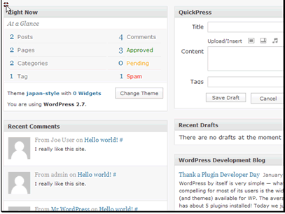 In this tutorial we will be exploring the new WordPress dashboard. They have added several useful features to the dashboard so you can do many things in fewer steps.
First you can see quick stats about your posts and comments. As well as a link to change your current theme.
