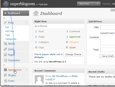 In this tutorial we will be editing a page in WordPress. This can be used to change your CSS or add info to one of your WordPress theme files.
Begin by clicking the Appearance link.
