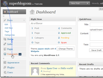 In this tutorial we will be managing new comments on our site. Comments allow for user interaction and encourage return visits.
We can see that we have 2 pending comments. Begin by clicking the Comments link.
