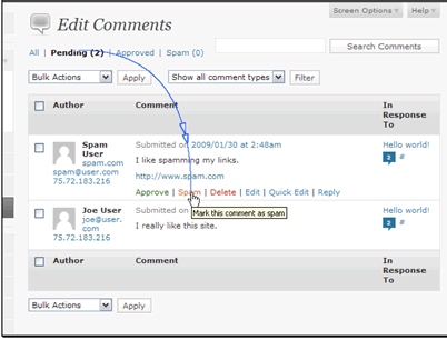 There are two ways to work with comments. You can select the checkbox next to the comment and choose an action from the Bulk Actions dropdown.
You can also select an action for a single comment. We'll mark this first comment as spam.
