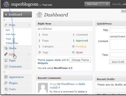 In this tutorial we will be managing links in our WordPress blog. Links are shown in the sidebar.
Begin by clicking Links
