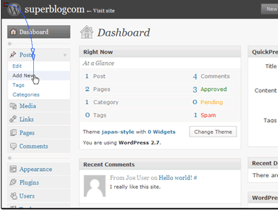 In this tutorial we will be posting a new blog to our site.
Begin by clicking the Add New link.

