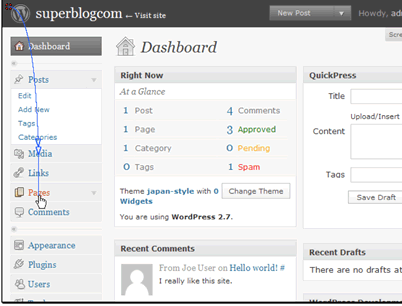 In this tutorial we will be posting a new page on our WordPress site. This is useful for static content like About Us, Advertising, etc.
Begin by clicking the Pages link.
