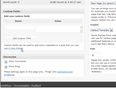 You can add custom meta fields for the page. This can be used to add keywords, a description, or other meta fields specific to this page.
You can also set page specific settings for comments and trackbacks.
