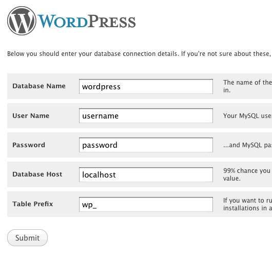 Enter your database details that you created earlier.